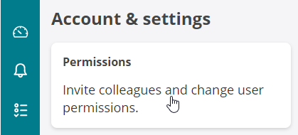 Account and settings interface with Permissions card description: Invite colleagues and change user permissions. Cursor indicates interactivity.