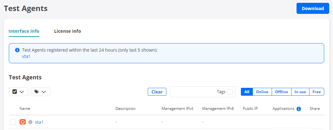 Test Agents interface showing a list with details like name, description, and IPs. Notification mentions agent vta1 registered in the last 24 hours. Options to filter agents by status and a download button are present.