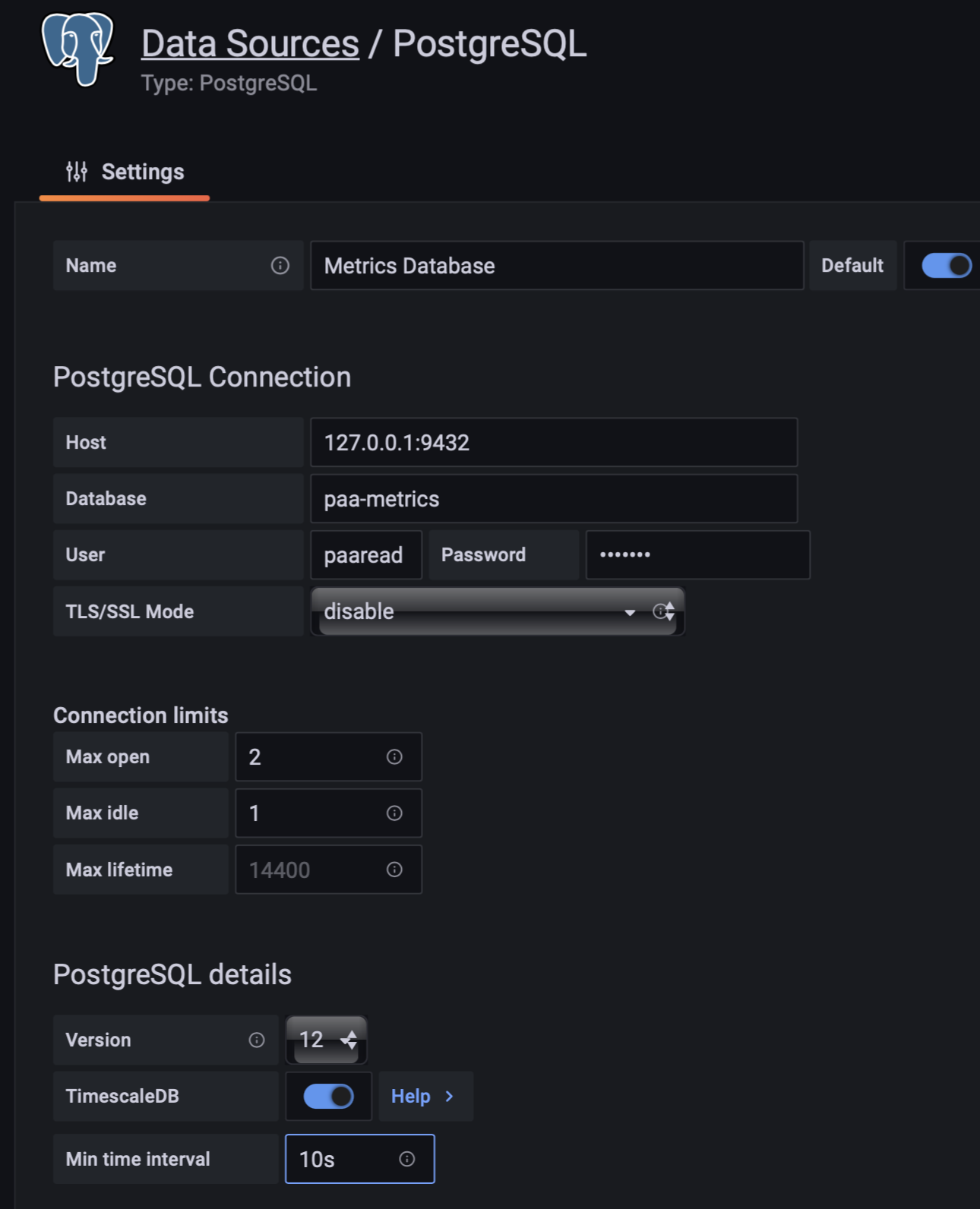 Configuration screen for PostgreSQL data source setup with host 127.0.0.1:9432, database paa-metrics, user paaread, TLS/SSL mode disable, TimescaleDB enabled, and connection limits specified.
