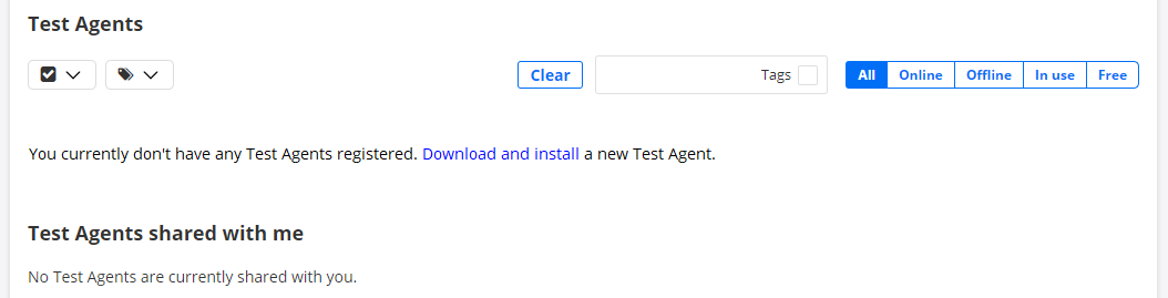 User interface screenshot showing no registered or shared Test Agents. Includes options to download a Test Agent and filter by status: All, Online, Offline, In use, Free.