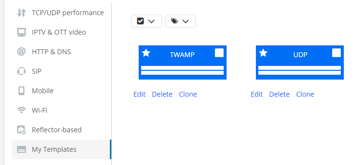 Software interface for network performance with menu options like TCP/UDP and IPTV. Right side shows TWAMP and UDP templates with edit options.