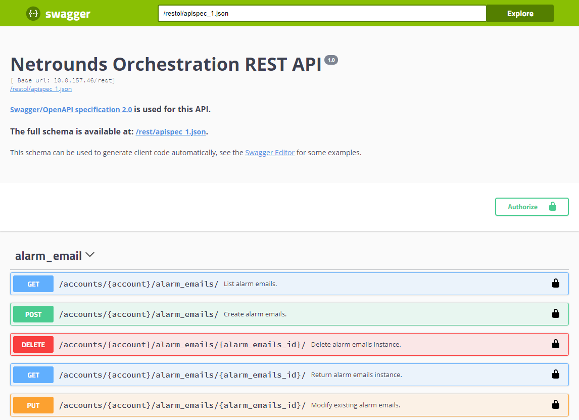 Swagger UI for Netrounds Orchestration REST API 1.0 with endpoints for alarm email management and authentication options.