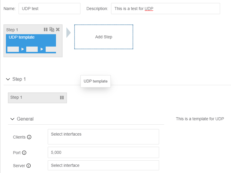 UDP test configuration interface with step 1 using UDP template; clients, port 5000, server fields; template for UDP.