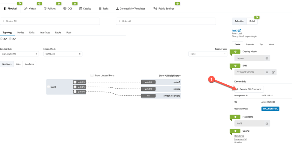 Network management interface showing connections between devices like leaf3, spine1, and spine2. Selected leaf3 device info includes deploy mode, serial number, management IP, OS, operation mode, hostname, and configuration details.