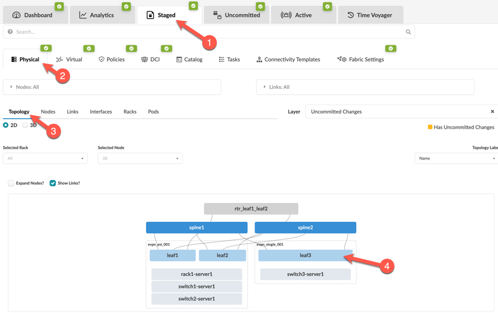 Staged tab in network tool showing physical topology of a data center with spine-leaf architecture. Uncommitted changes highlighted.