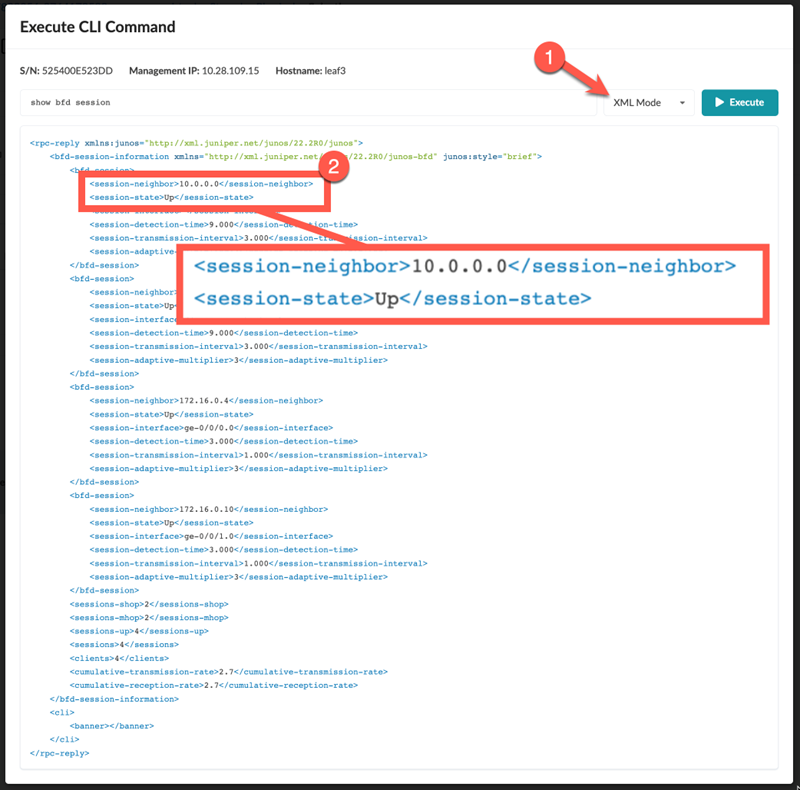 CLI command "show bfd session" executed; XML output shows BFD session with neighbor IP 10.0.0.0 and state "Up" indicating active session.