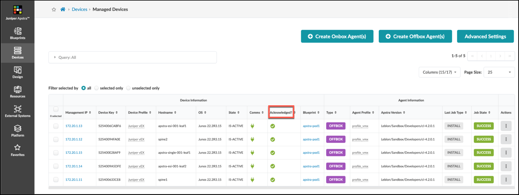 Screenshot of Juniper Apstra Managed Devices page showing a list of network devices with details like Management IP, Device Profile, OS, State, and Job State.