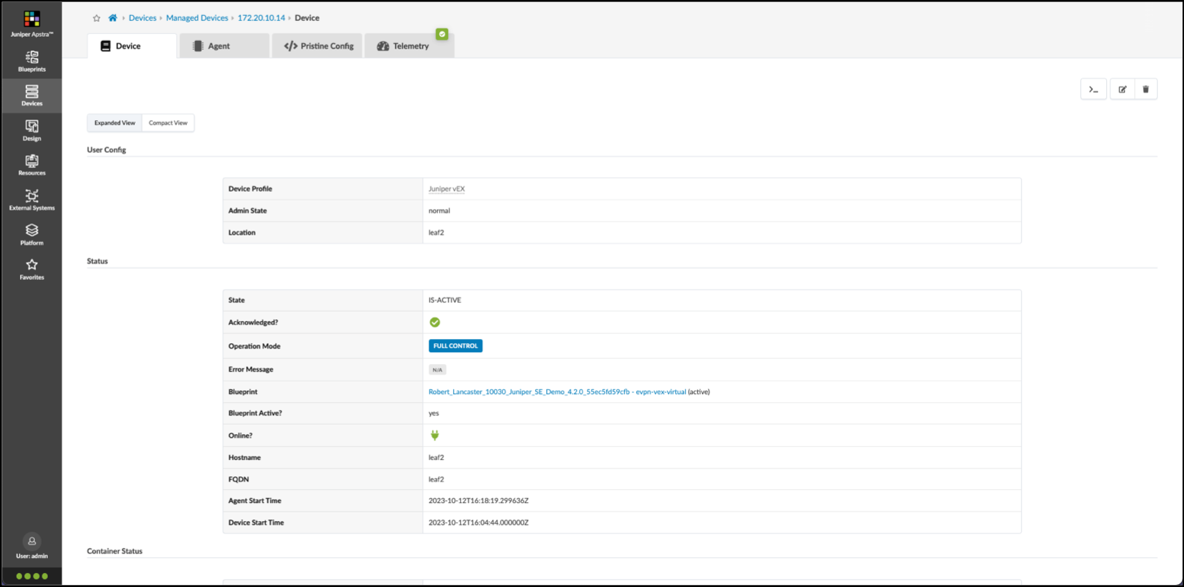 Network management interface displaying Juniper Apstra details for device leaf2 with options like Blueprints and Resources.