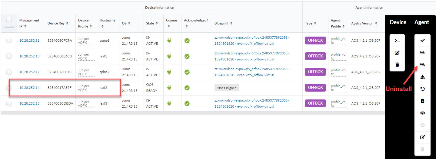 Network management interface showing device information and agent management options. Device table with highlighted row for IP 10.28.252.14, state OOS-READY, no blueprint assigned. Agent panel with uninstall option marked.