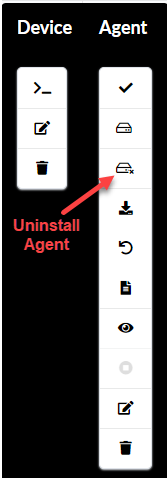 User interface with columns labeled Device and Agent; icon in Agent column highlighted with red arrow and labeled Uninstall Agent.