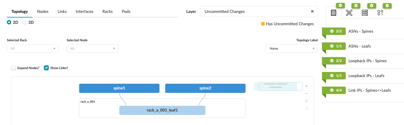 Network topology interface showing 2D spine-leaf architecture with uncommitted changes. Nodes: spine1, spine2, rack_a_001_leaf1. Validation checks passed.