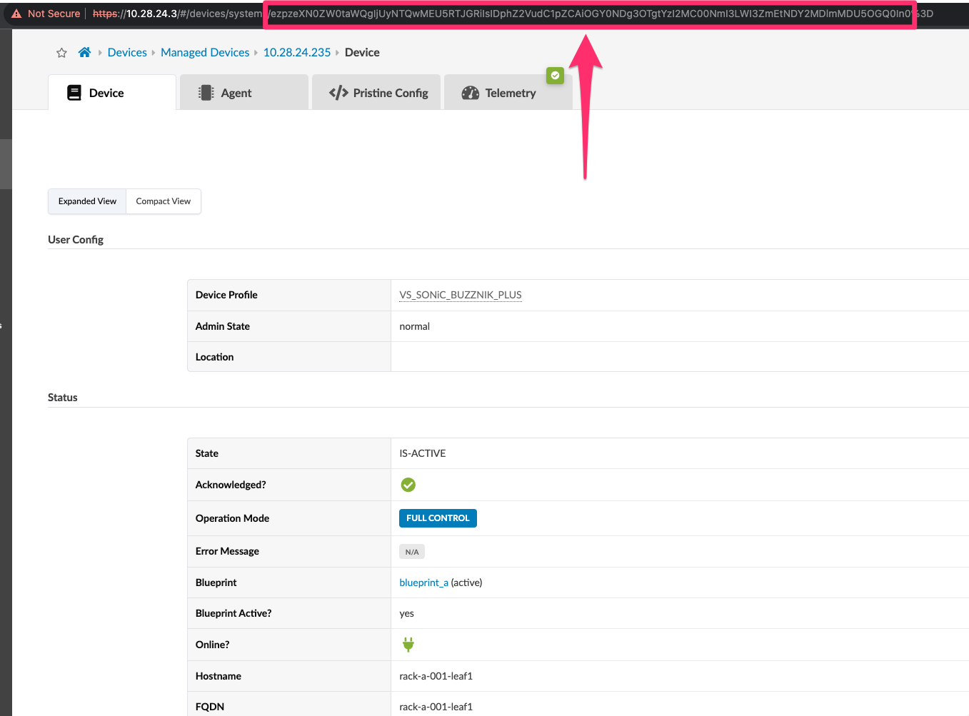 Web-based device management interface showing device details for IP 10.28.24.235 with tabs for Device, Agent, Config, and Telemetry. Device is active, acknowledged, online, in full control mode, with hostname rack-a-001-leaf1. Red box highlights a long encoded string in the URL.