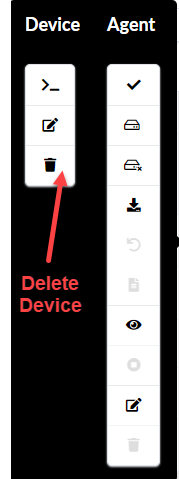 User interface with columns labeled Device and Agent. Red arrow points to trash bin icon labeled Delete Device, indicating device deletion action.