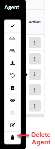 Agent panel with icons for actions; trash can icon labeled Delete Agent at bottom; column labeled Actions with three-dot menus.