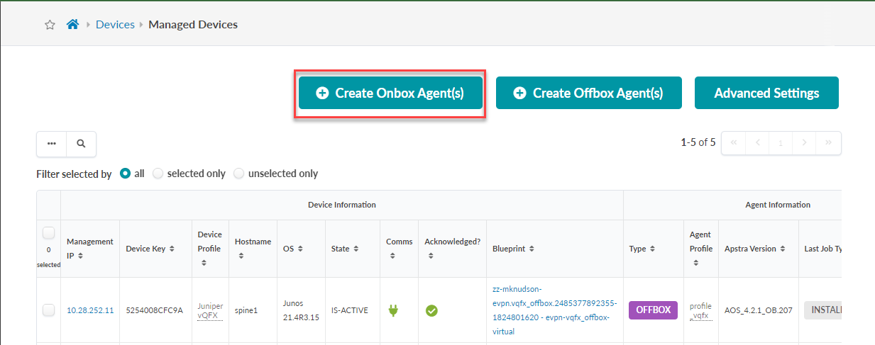Web interface for managing devices showing breadcrumb navigation Devices > Managed Devices, action buttons for creating agents, and a table listing device details like IP, hostname, OS, and status.