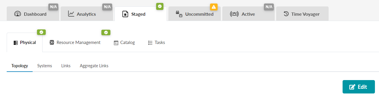 User interface screenshot showing tabs: Staged with green checkmark, Uncommitted with yellow warning icon, and Physical section with Topology sub-tab active. Teal Edit button at bottom-right.