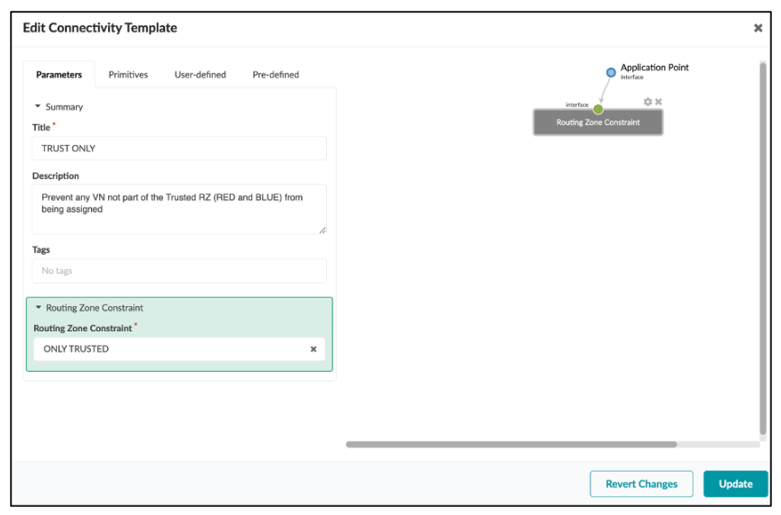 Editing interface for Connectivity Template titled TRUST ONLY restricting Virtual Networks to Trusted Routing Zones RED and BLUE with update and revert buttons.