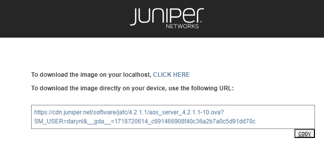Juniper Networks software download instructions with options for downloading to localhost or directly to device.