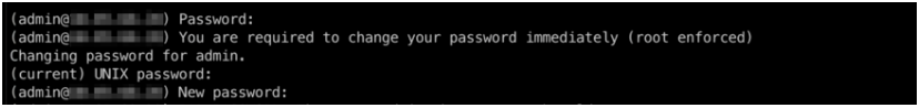 Terminal interface prompting user to change password due to root-enforced policy. User enters current and new UNIX password.
