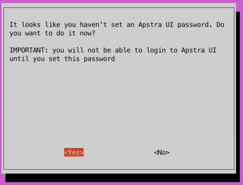 Prompt asking to set Apstra UI password with options Yes and No. Cannot login until password is set.