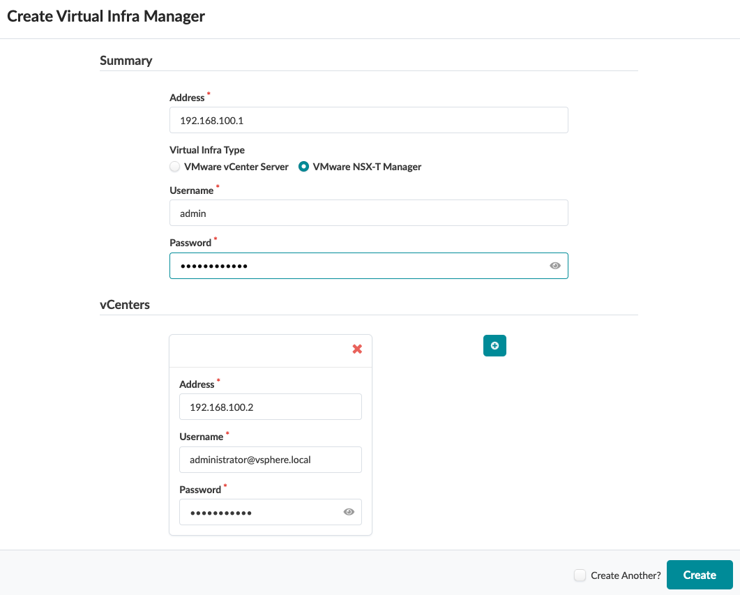 Form for creating a Virtual Infra Manager with fields for IP address, username, and password. NSX-T Manager selected. Create button at the bottom.