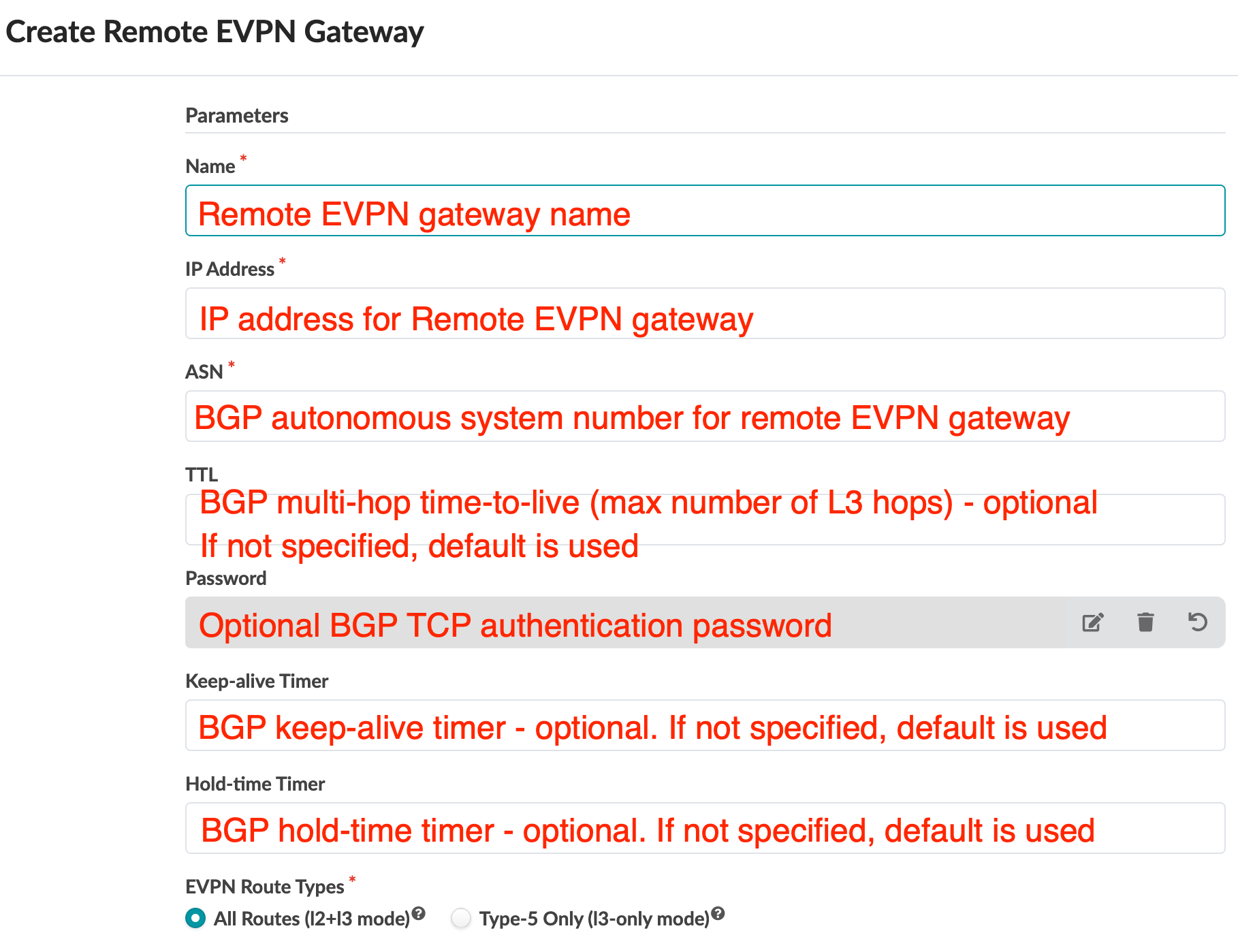 Form for creating a Remote EVPN Gateway with fields for Name, IP Address, ASN, TTL, Password, Keep-alive Timer, Hold-time Timer, and EVPN Route Types.