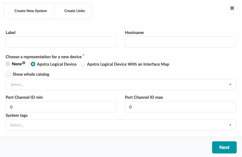 User interface for creating a new system with fields for Label and Hostname, options for device representation, and a Next button.