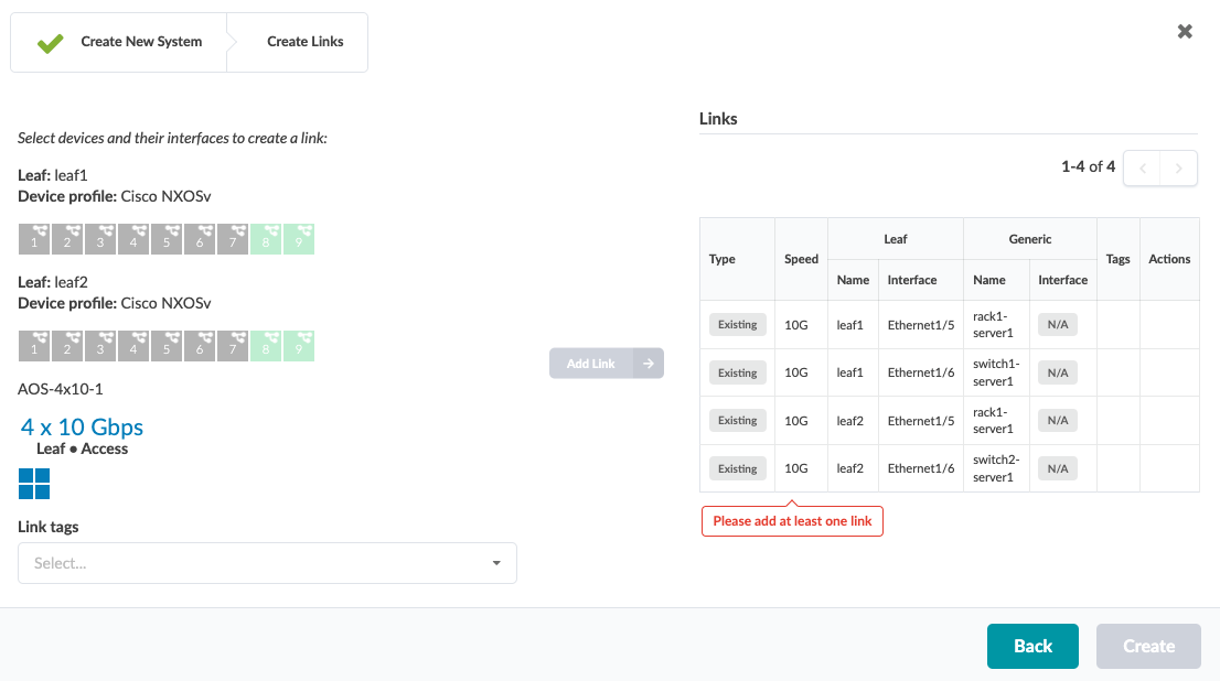 Network configuration interface with selected Create Links tab. Devices leaf1 and leaf2 with Cisco NXOSv profile, interfaces 1 to 9. Section AOS-4x10-1 with 4 x 10 Gbps Leaf Access description. Link tags dropdown. Links table showing existing 10G links with error message Please add at least one link. Back and Create buttons at bottom right.