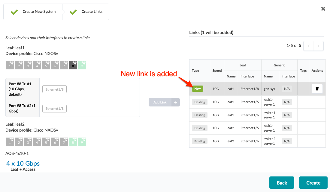 Screenshot of a network configuration interface showing device selection and link creation between leaf1 and gen-sys. A new link highlighted in the table indicates Ethernet1/8 connection, 10G speed, with options to modify. Navigation buttons at the bottom include Back and Create.