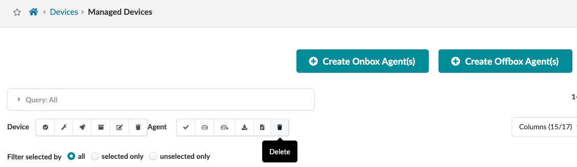 Device management interface showing breadcrumb navigation Devices greater than Managed Devices, search bar with Query All, device and agent action icons, filter options, buttons for creating Onbox and Offbox agents, and columns selector.