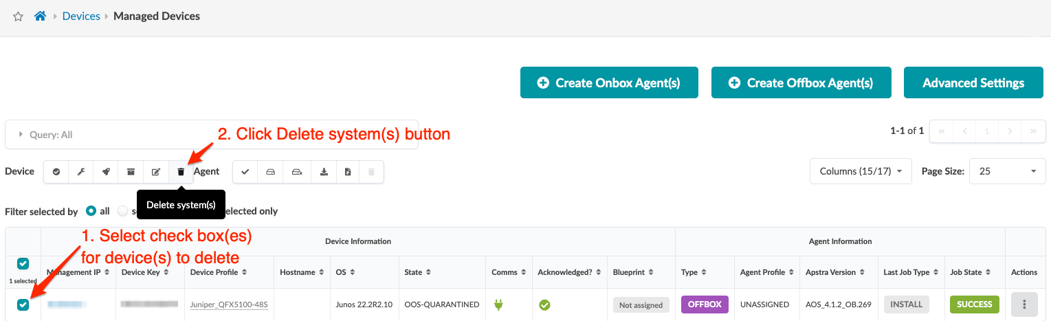 User interface screenshot for managing network devices with options to delete devices, create Onbox Offbox Agents, and access Advanced Settings.