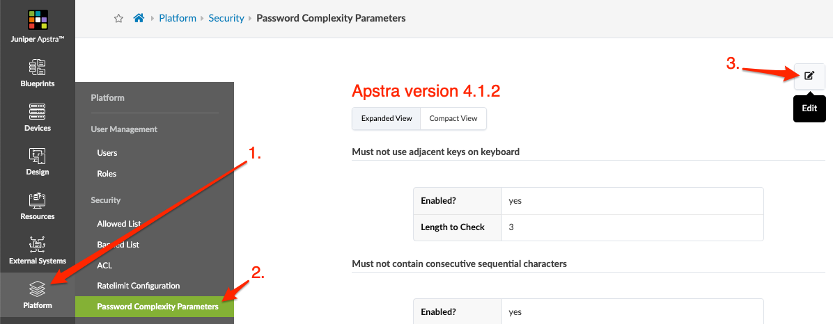 Juniper Apstra platform's Password Complexity Parameters page, version 4.1.2, showing rules and settings with an edit option.