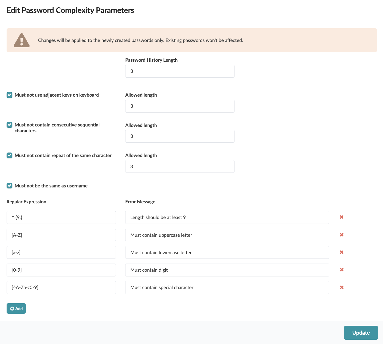 User interface for editing password complexity parameters with settings for password history, rules for composition, and regular expressions.