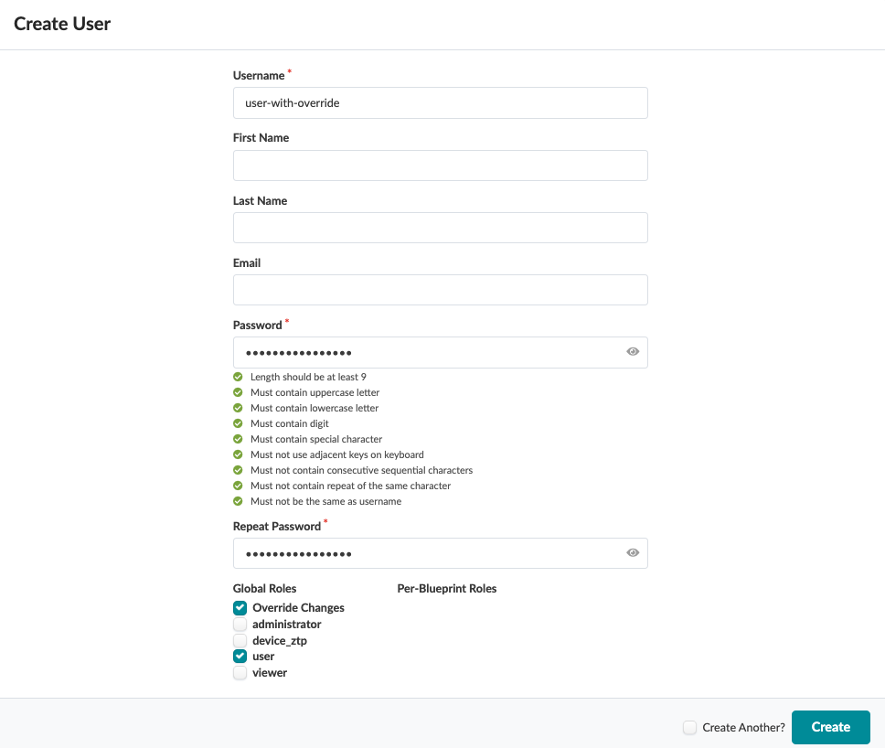 Create User form interface with fields for username, first name, last name, email, password, and role selection. Password criteria met. Options for Global Roles and Create Another.