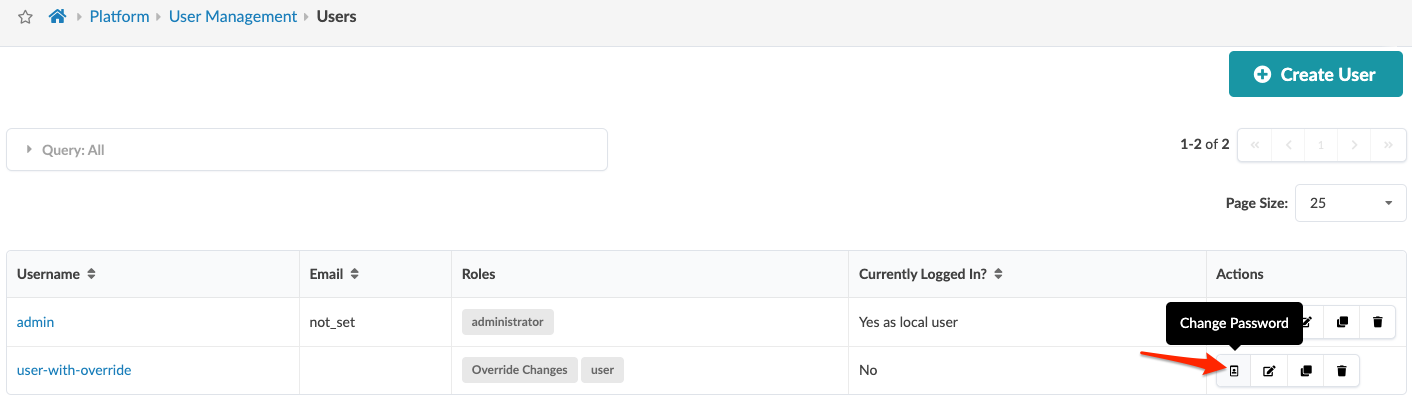 User management interface with breadcrumb navigation, search bar, user table with columns for username, email, roles, login status, actions including change password, edit, delete buttons, create user button, and pagination controls for managing user accounts and roles.