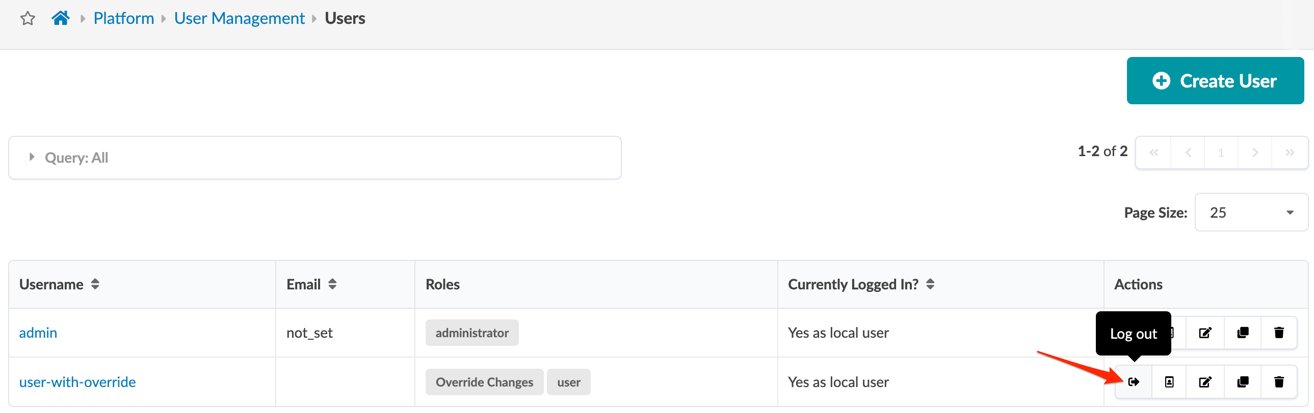 User management interface with breadcrumb navigation Platform > User Management > Users, query filter, user list table with columns Username, Email, Roles, Logged In status, Actions with highlighted Log out button, pagination controls, and Create User button.