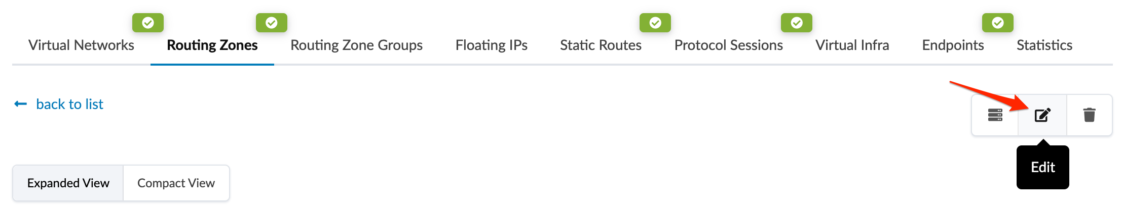 User interface screenshot of a network management platform with Routing Zones tab selected and an arrow pointing to the highlighted Edit icon.