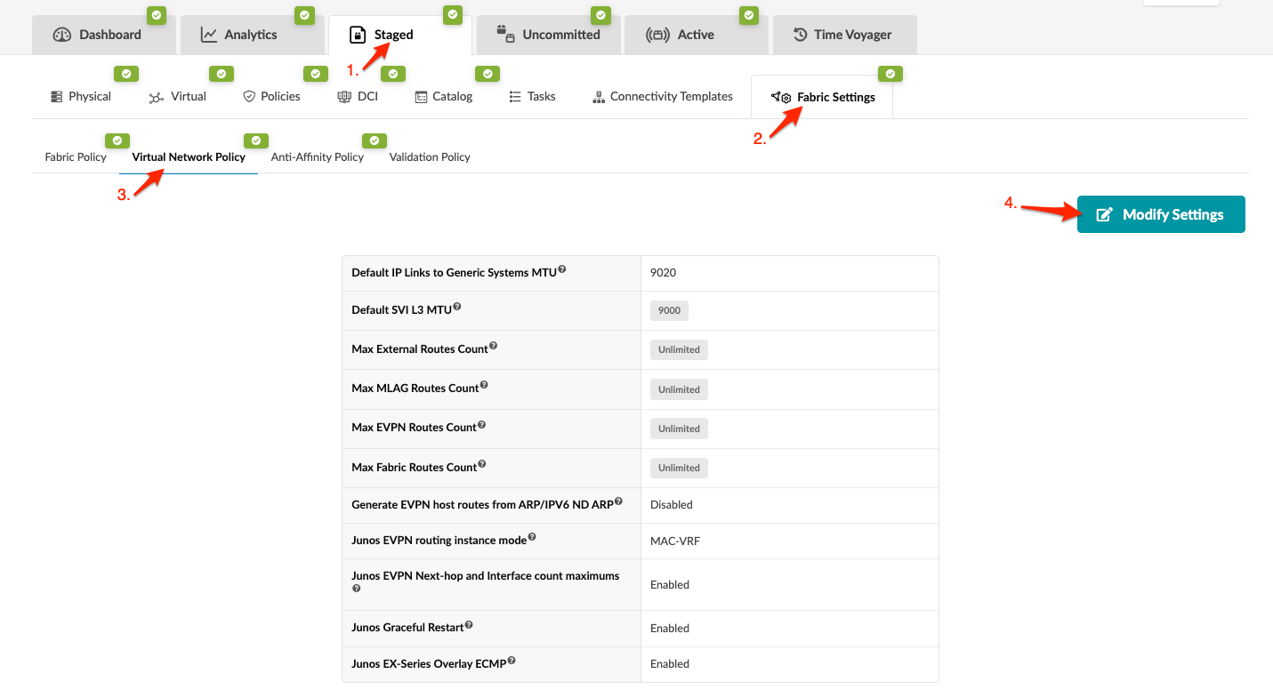 Network management interface showing Staged tab with Fabric Settings and Virtual Network Policy active. Modify Settings button visible.