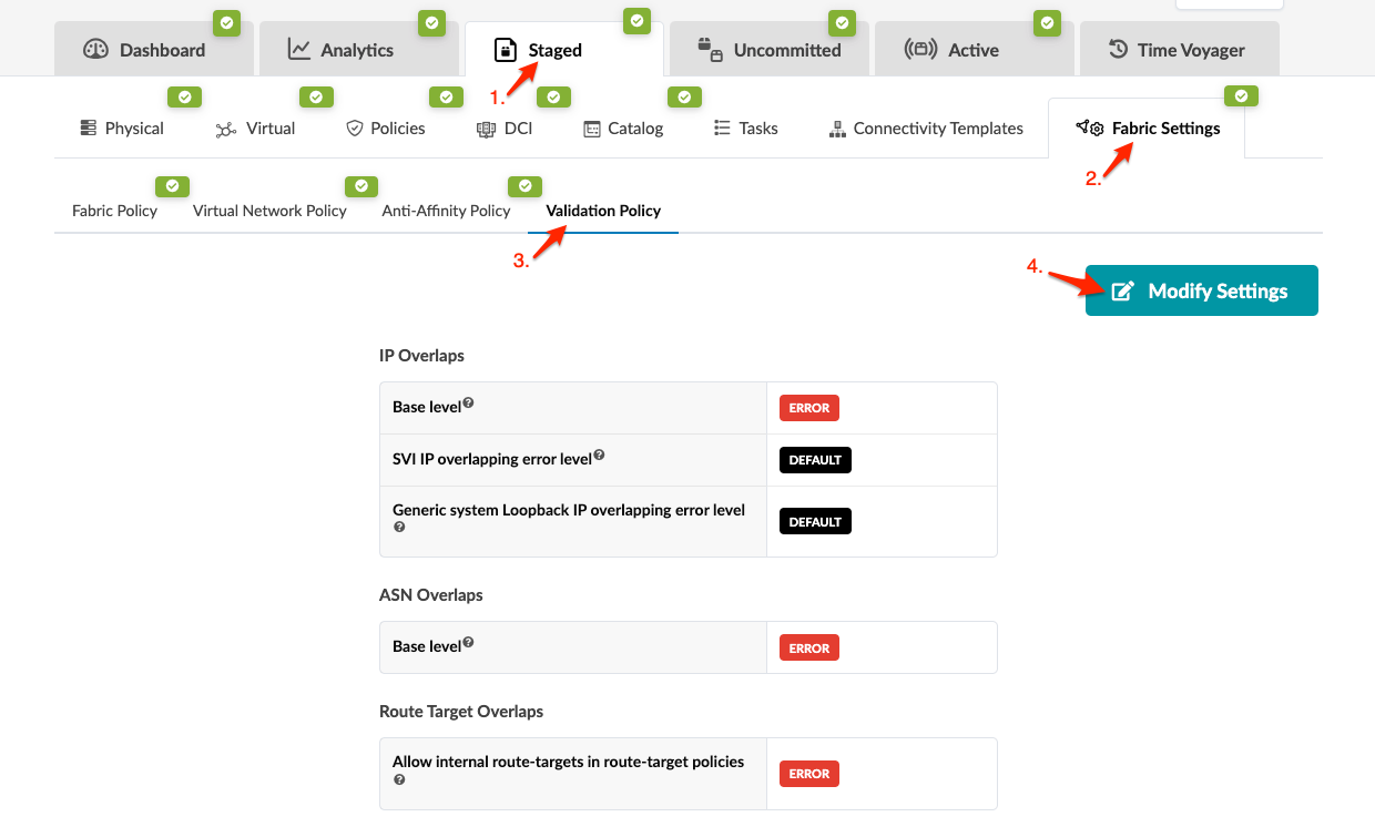 Staged tab showing Fabric Settings section with Validation Policy. Includes settings for IP, ASN, and Route Target Overlaps with error levels.