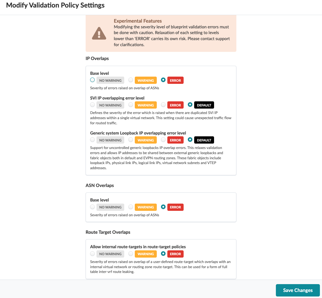 Configuration interface for modifying validation policy settings in a network management system with severity level adjustments for IP, ASN, and route target overlaps.