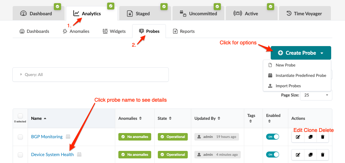 User interface for managing probes in an analytics platform, showing options to create, edit, clone, or delete probes.
