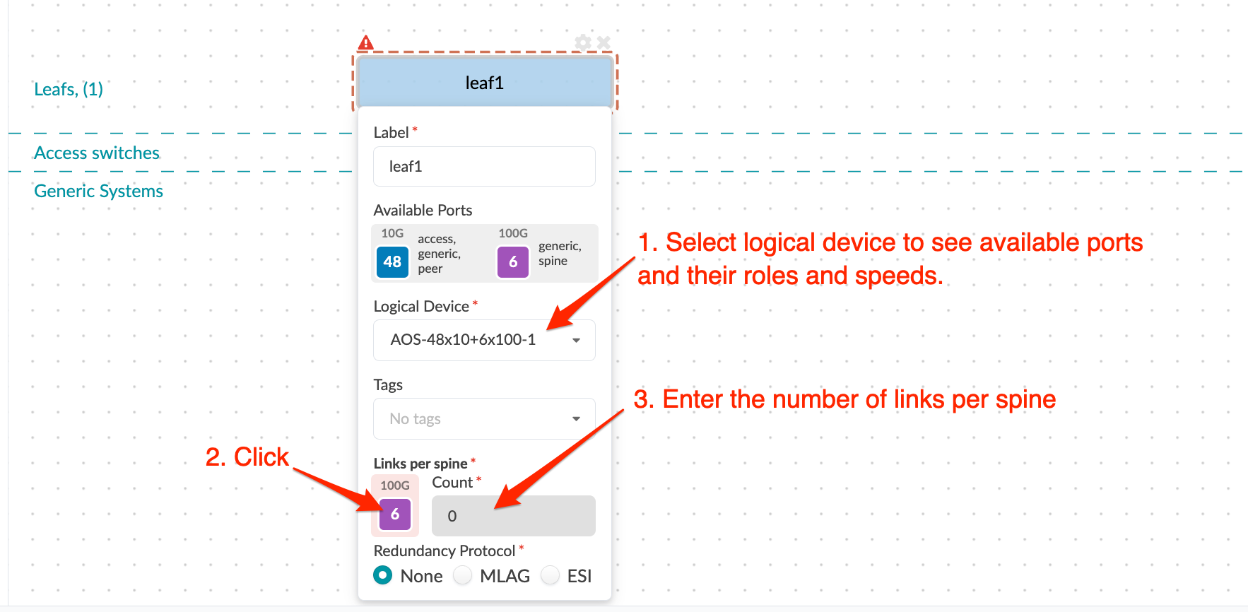 Network configuration interface for leaf device leaf1 showing 48 10G and 6 100G ports available. Options for logical device type, links per spine, and redundancy protocol are displayed.