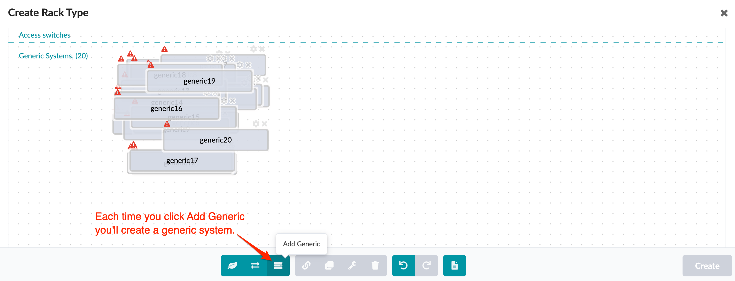 User interface for creating rack types with overlapping Generic Systems labeled generic14, generic15, and generic16. Warning icons indicate issues. Access Switches section at the top. Add Generic button creates new systems. Toolbar includes undo, redo, and delete functions.