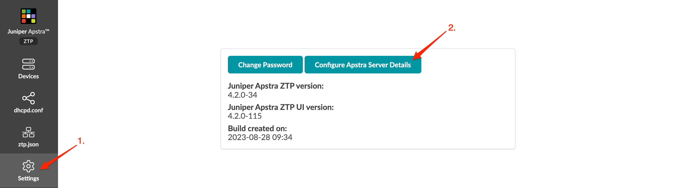 Juniper Apstra ZTP interface with sidebar menu and settings panel. Settings highlighted with red arrow. Version 4.2.0-34.