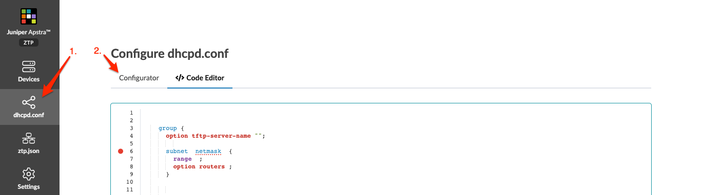 Juniper Apstra ZTP UI with sidebar options and dhcpd.conf code editor displaying DHCP script with placeholders for TFTP server, subnet, range, and routers.