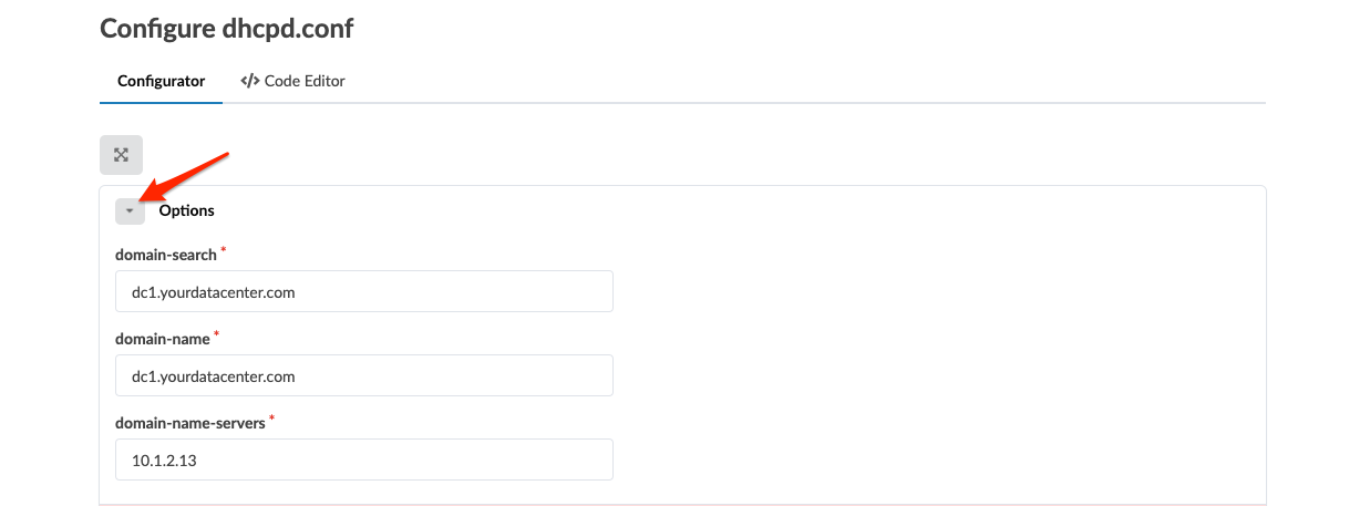 Configuration interface for editing dhcpd.conf with active Configurator tab. Options section shows domain-search set to dc1.yourdatacenter.com, domain-name set to dc1.yourdatacenter.com, and domain-name-servers set to 10.1.2.13.