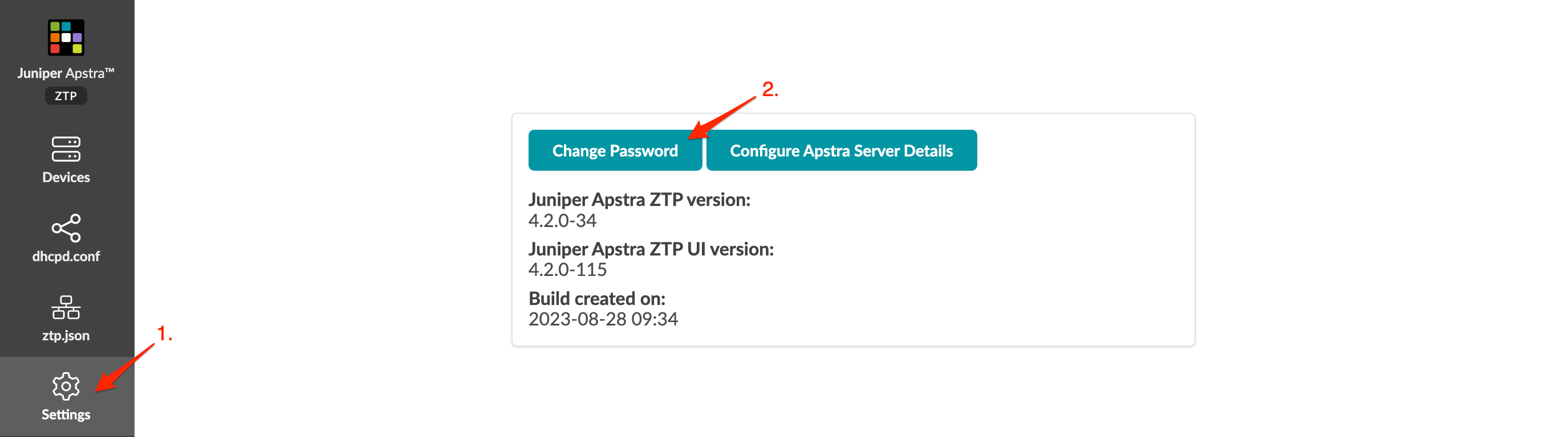 Juniper Apstra ZTP Settings section with gear icon for access, Change Password and Configure Apstra Server Details buttons, ZTP version 4.2.0-34, UI version 4.2.0-115, build date 2023-08-28.