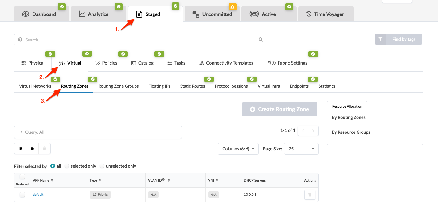 Screenshot of a network management interface with tabs for Dashboard, Analytics, Staged, and more. Main area shows a table with VRF Name and VLAN ID.