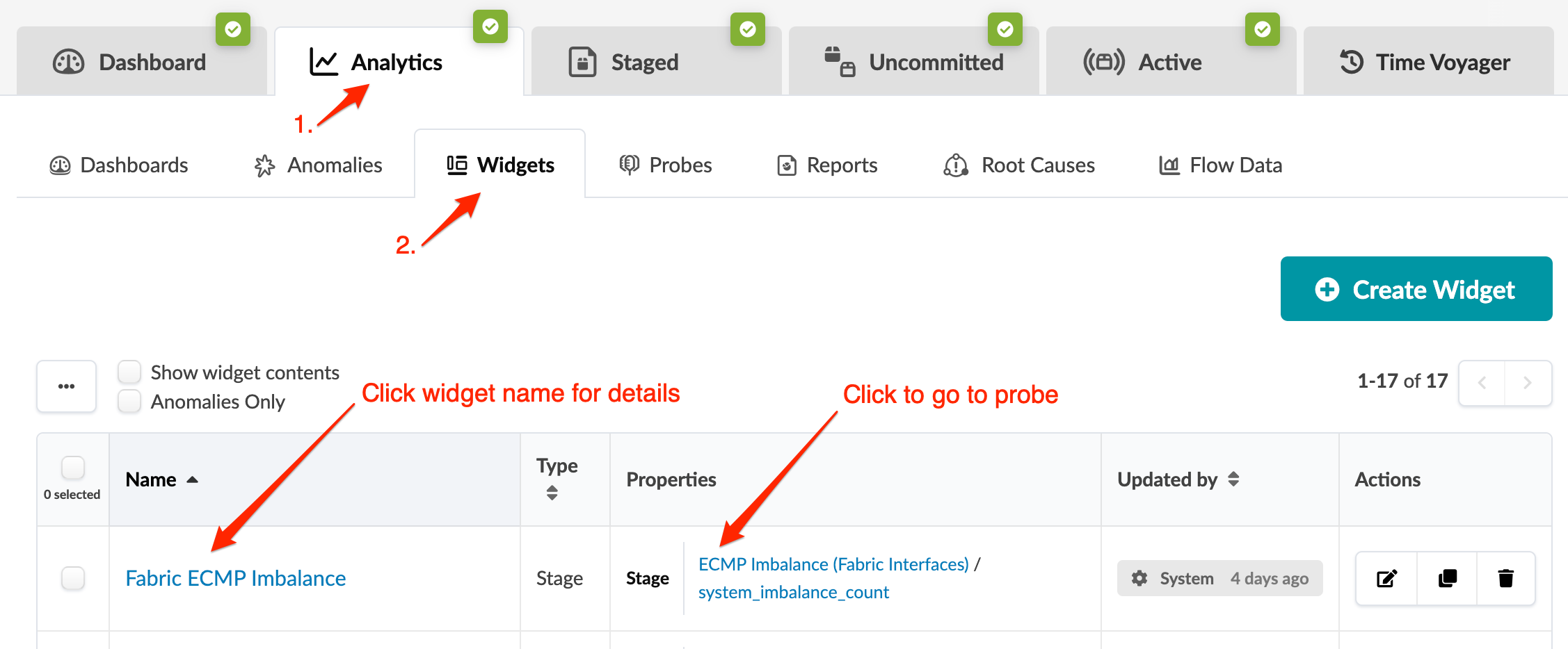 Screenshot of an analytics tool showing the Widgets tab with a list of widgets related to system monitoring.