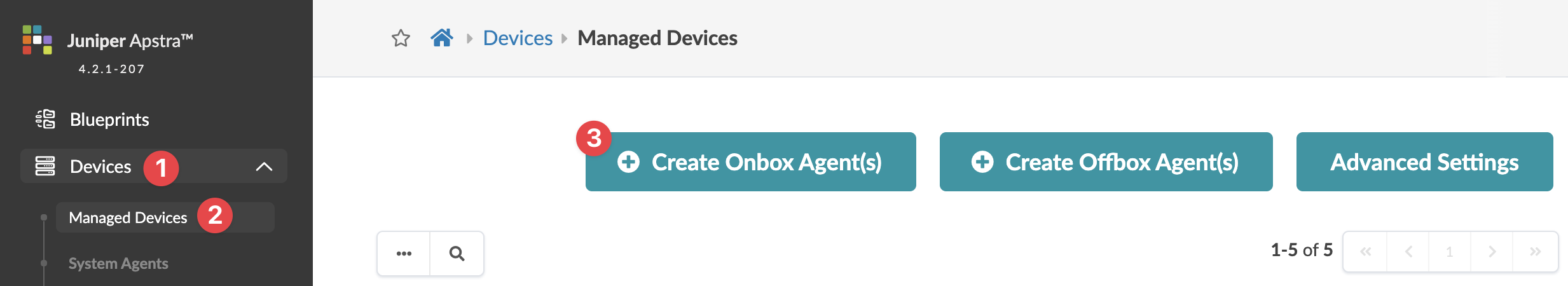 Juniper Apstra interface showing Managed Devices section with sidebar and breadcrumb navigation, action buttons for creating agents, and pagination controls.